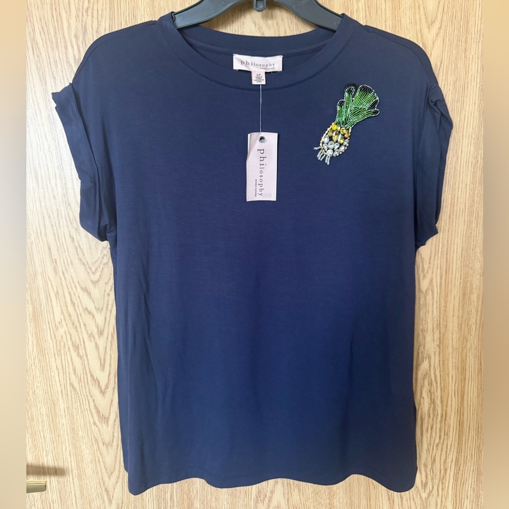 Philosophy Navy Blue Stretch Pineapple Embellish Blouse